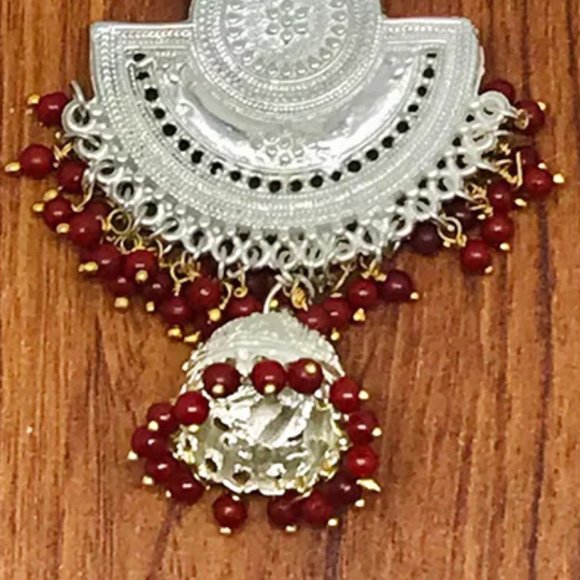 Massive Dangle Earrings, Oxidized Silver Indian Earrings, Handmade Silver Tone - Picture 5 of 6